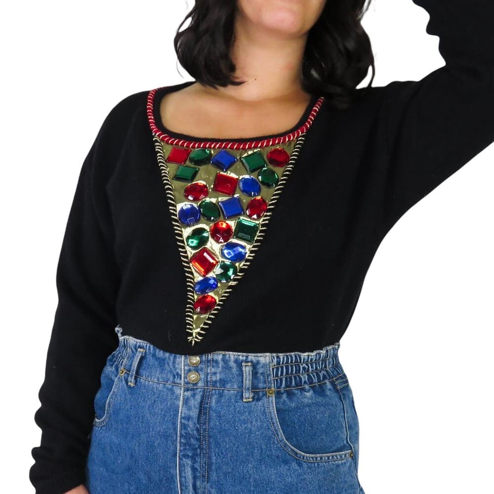 L'eau Vive 1980s Vintage Black Rhinestone Embellished Sweater Large Knit